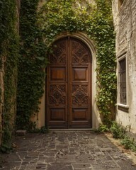 An ornate wooden door surrounded by lush ivy in an ancient building entrance evoking history