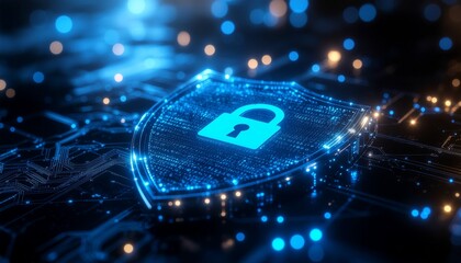 Digital Fortress: This image captures the essence of data security, featuring a glowing shield emblazoned with a prominent padlock, symbolizing robust protection. Surrounding the shield.