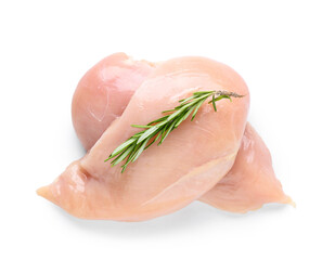 Raw chicken breast with rosemary on white background