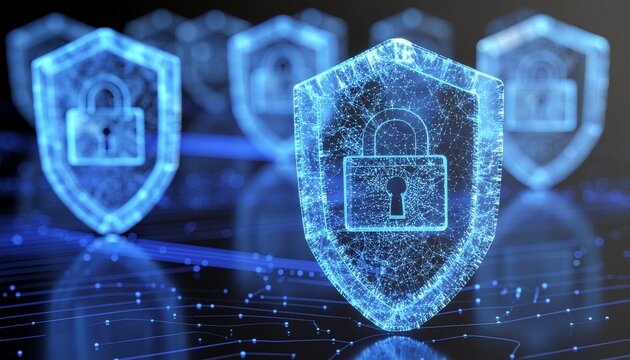 Digital Security Shields: A collection of glowing, digitized shields, each emblazoned with a secure lock icon, symbolize digital security and online protection, against potential cyber threats.