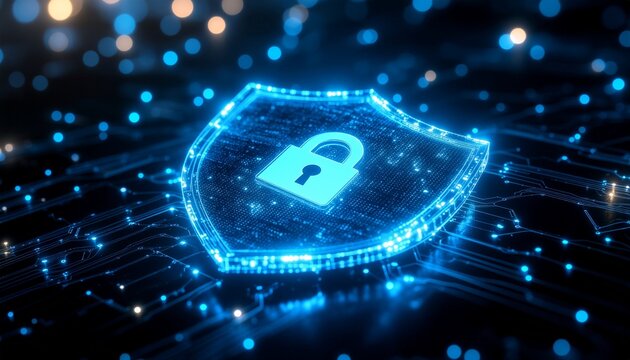 Digital Fortress: A glowing shield, emblazoned with a padlock, symbolizes robust digital security and the protection of sensitive data in the digital realm.