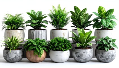Obraz premium A collection of diverse indoor potted plants arranged on a white platform, bright lighting