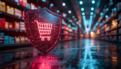 Cyber Shopping Security: A digital shield with a shopping cart icon superimposed over a supermarket aisle, symbolizing the secure protection of online transactions.