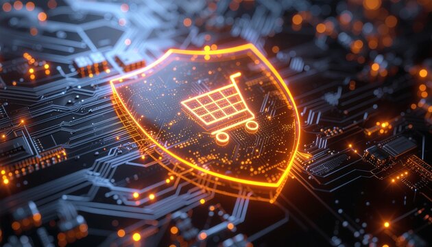 Cybersecurity Shopping Shield: The illuminated shopping cart, encapsulated within a protective shield, symbolizes online security and data protection in the digital marketplace.