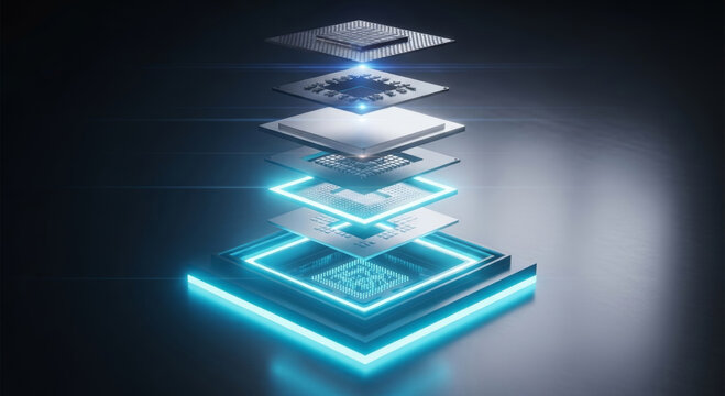 Quantum computing processing microchip microprocessor cpu chip circuit motherboard technology hardware data center blue light