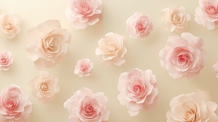 Fototapeta premium A beige background with a pattern of pink and white roses, some with green leaves, and some with yellow centers, creating a soft and delicate floral arrangement.
