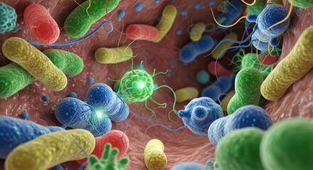 Microscopic View of Gut Bacteria in Intestine - Illustration of diverse gut bacteria in intestinal environment. Symbolizing digestion, immunity, health, balance, and science