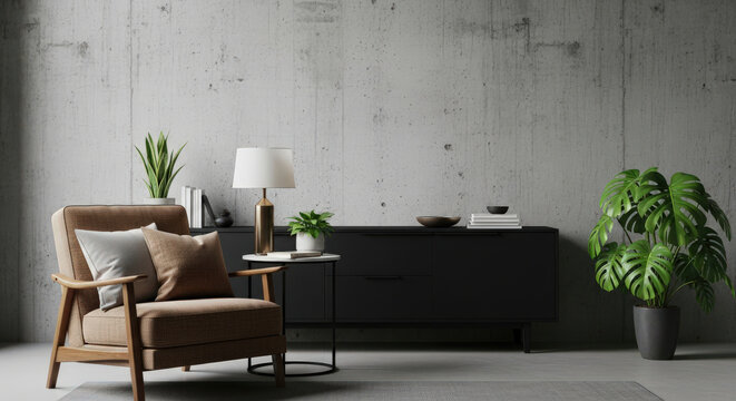 Industrial Style Living Room Featuring a Concrete Wall, Comfortable Armchair, and Lush Green Plants Creating a Unique and Modern Interior Space