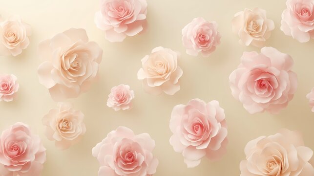 A beige background with a pattern of pink and white roses, some with green leaves, and some with yellow centers, creating a soft and delicate floral arrangement.