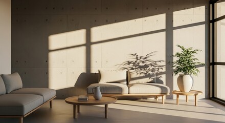Fototapeta premium Minimalist Interior with Sunlight and Plants - A modern, minimalist interior featuring a neutral sofa, coffee table, and plants bathed in warm sunlight streaming through a window