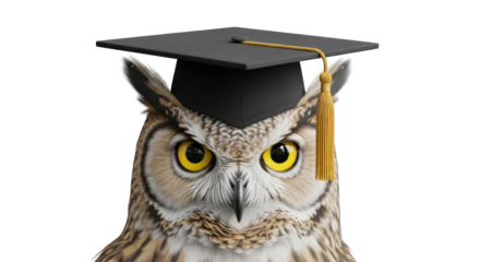 Wise Great Horned Owl Wears Black Graduation Cap With Golden Tassel Facing Forward With Detailed Feather Texture And Bright Yellow Eyes On Transparent Background