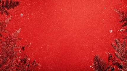 Festive Red Holiday Background with Evergreen Sprigs and Glittering Snowflakes for Christmas or Seasonal Designs