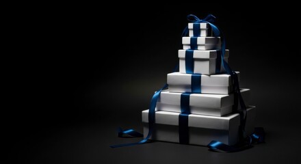 Stack of Gift Boxes: A visually appealing stack of elegantly wrapped gift boxes, adorned with shimmering ribbons, creates a sense of anticipation and celebration against a stark, elegant backdrop.