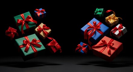 Festive Gift Gathering: A collection of vibrant gift boxes, each elegantly tied with a satin ribbon, appear to float weightlessly against the backdrop. It's a visual treat to celebrate moments