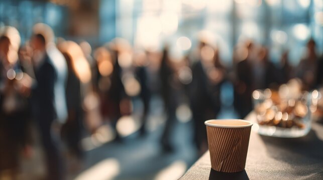Coffee break at a conference with attendees socializing, business conference, blurred background, with copy space. High quality