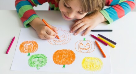 Creative child painting: An expressive child focuses with delight on crafting Halloween-themed artworks, using colorful crayons to bring vibrant pumpkin illustrations to life on a canvas.