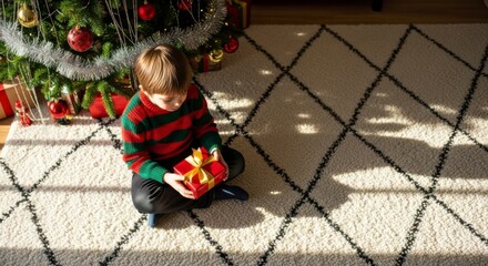 Christmas morning delight: A young child sits below the Christmas tree, eyes wide with anticipation as they hold a beautifully wrapped gift.