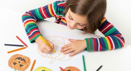 Creative Child at Work: A young, focused child immerses themselves in a world of imagination, bringing a vibrant pumpkin to life with colored pencils.