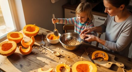 Family's Delight: A heartwarming moment unfolds as a mother and child come together to prepare a delicious pumpkin treat on a rustic wooden table.