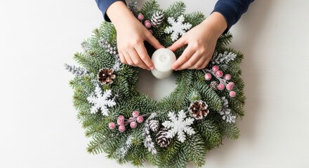 Crafting Christmas Cheer: A person meticulously places a white candle in the heart of a festive wreath, showcasing the artistry of holiday decorations.