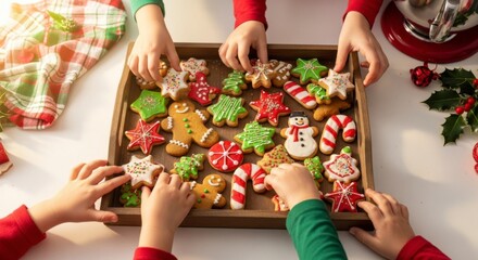 Sweet Treats & Shared Joy: A festive display of intricately decorated cookies, arranged on a wooden tray, entices the hands of children eager to partake in the holiday baking.