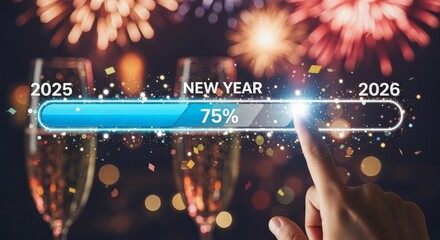 New Year Celebration Countdown Progress - Celebrating transition with progress bar loading, champagne, fireworks symbolizing: aspiration, transition, anticipation, achievement, connection