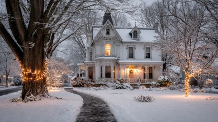Victorian house covered in snow during winter season with festive holiday lights