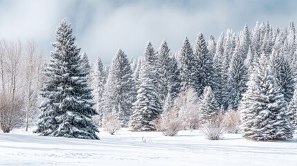 Obraz premium Snowy Evergreen Forest Landscape on a Cold Winter Day, Crisp Blue Sky, and Scenic Beauty