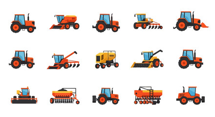 Modern Agricultural Machinery Set Tractors Harvesters Planters Cultivators More Vector Icons © Jonmart