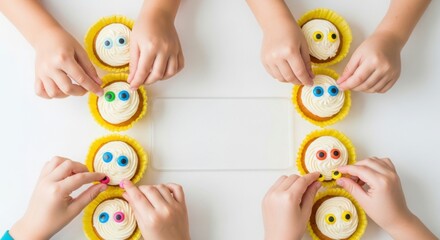Delightful cupcakes and playful hands: Children's hands arrange skull-shaped cupcakes, offering a sweet treat for a delightful celebration
