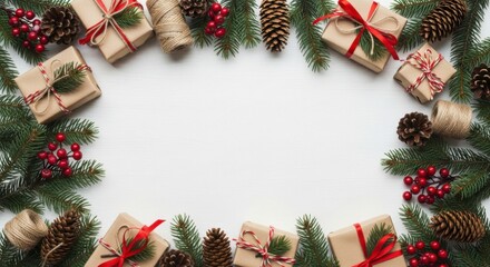 Holiday Season Cheer: A festive arrangement of presents, pine cones, and evergreen boughs frames a blank space, setting the stage for seasonal wishes and joyous greetings.