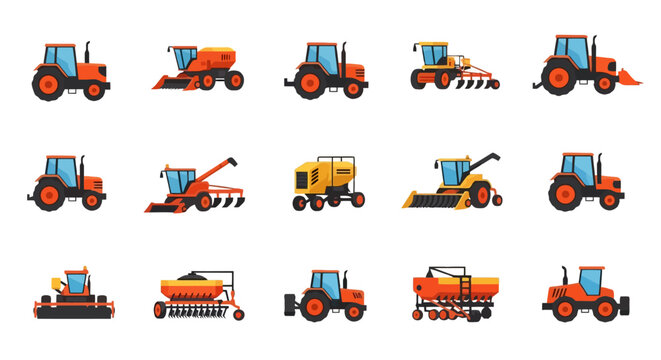 Modern Agricultural Machinery Set Tractors Harvesters Planters Cultivators More Vector Icons