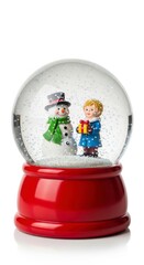 Winter Wonderland in Miniature: A charming snow globe, featuring a cheerful snowman and a young girl holding a gift, captures the magic of winter and the joy of the holiday season.