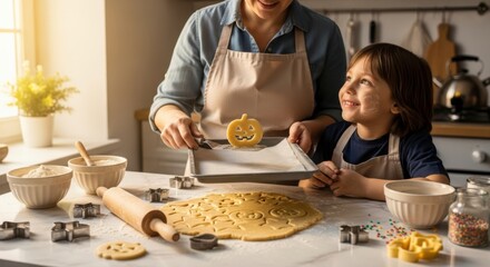 Warm Kitchen Moments: A heartwarming scene unfolds as a mother and child bake delicious cookies together in a sunlit kitchen, creating sweet memories.