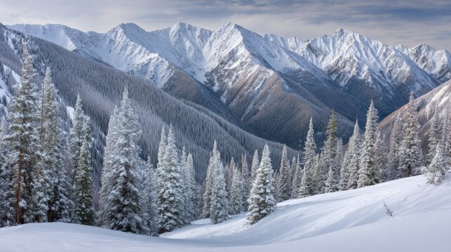 Snowy Mountain Range Landscape with Evergreen Trees in Winter, Perfect for Outdoor Adventure and Seasonal Backgrounds