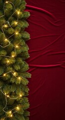 Festive Elegance: A lush, ornamented Christmas tree glistens with delicate lights against a backdrop of deep red fabric, inviting warmth and the spirit of celebration.