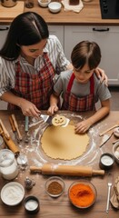 Home-Baked Delights: A mother and child create heartfelt moments, crafting homemade cookies from scratch on a wooden kitchen table. A scene of joyful connection, culinary creativity, and loving care.