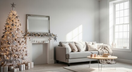 Cozy Holiday Living: An inviting living space exudes warmth, featuring a beautifully adorned Christmas tree, a comfortable sofa, and a welcoming fireplace, creating a festive ambiance for the season.