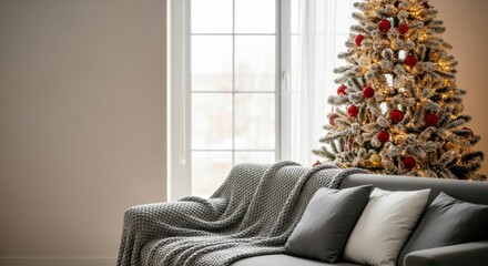 Festive Christmas Interior: A cozy living room adorned with a beautifully decorated Christmas tree, evoking a sense of warmth and holiday cheer, the soft glow illuminating the room.