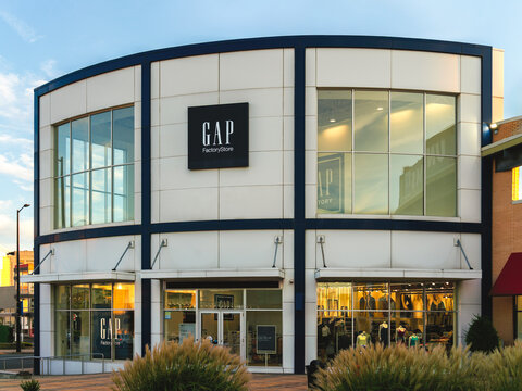 Atlantic City, NJ - Aug 26, 2025: View of GAP Factory Store exterior with branded signage and glass facade at a retail outlet center