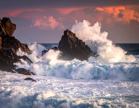 A rugged coastline witnesses dramatic waves crashing against dark rocks at sunset, capturing the power and beauty of nature
