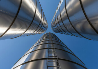 Tall metal silos rising against clear blue sky