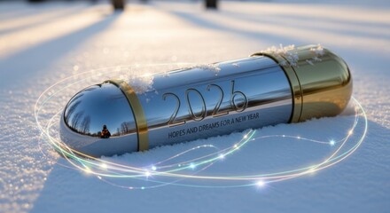 New Year Hopes and Dreams - A shiny capsule with the year 2026 on snow, symbolizing hopes and dreams for the future new year