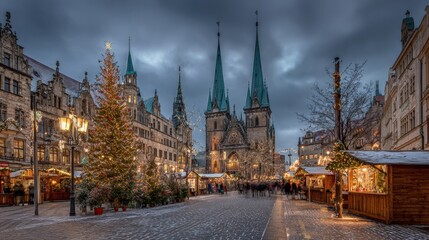 Festive Christmas Market in European City Square with Illuminated Tree and Gothic Architecture