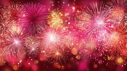 Fototapeta premium Vibrant Fireworks Display Illuminating Night Sky: Festive Celebration, Holiday Spectacle and Explosions of Color