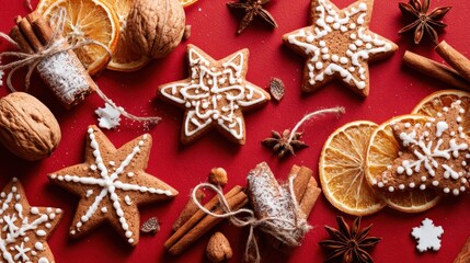 Festive Christmas Star Cookies and Spices on a Red Background, Holiday Baking Concept