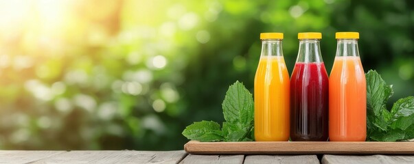 Wellness meditation detox concept. Three colorful juice bottles on a wooden surface, surrounded by greenery and sunlight.