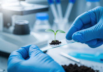 Scientist examining young plant sample in laboratory