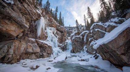 Frozen Waterfall in a Rocky Gorge, Winter Landscape with Snow and Ice Formations in Canadian Rockies