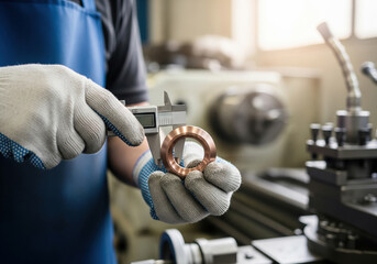 Engineer measuring metal component with caliper